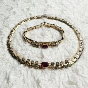 Vintage Gold Tone Herringbone Chain Necklace and Bracelet Set